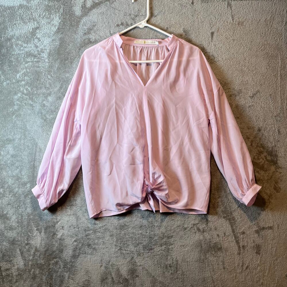 Marie Oliver 100% Silk Blouse Women Sz Small Pink Tie Front Minimalist Casual